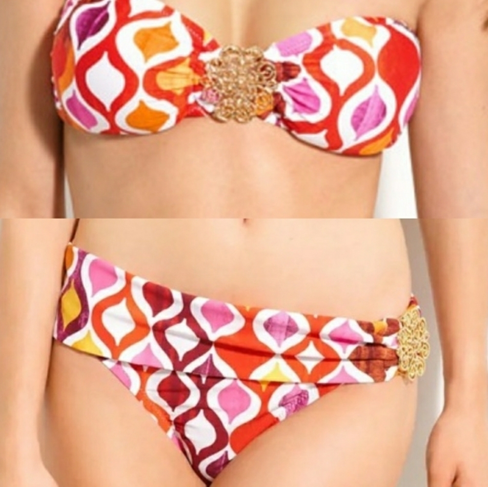 Trina Turk‎ Ogee Pink Orange Bikini Set 8/10 Medallion Bandeau Fold Over